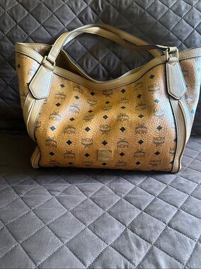 MCM Cognac Visetos Logo-Print Shoulder Bag with Tan Trim